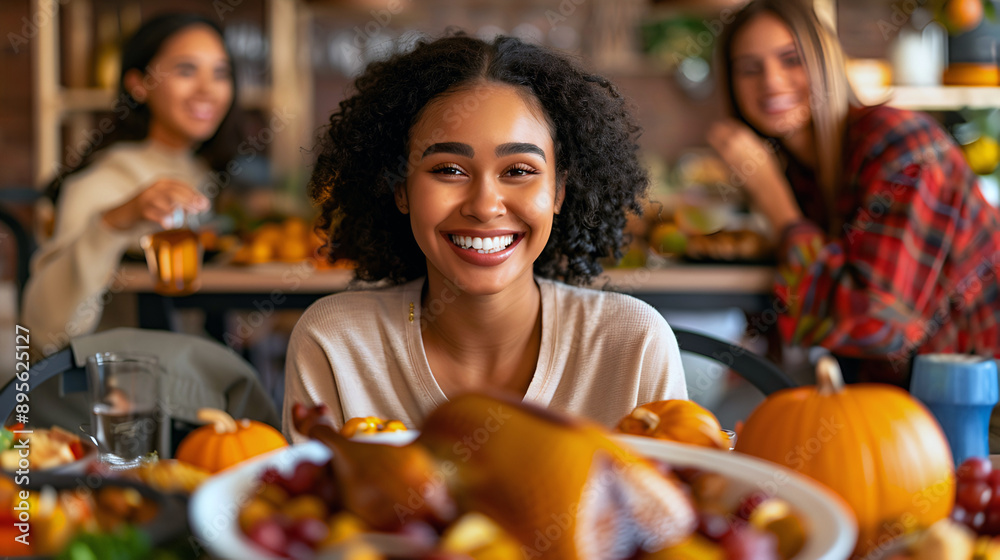 Happy African woman with curly hair enjoys Thanksgiving dinner with family, marking the holiday with happiness. Happy African woman with curly hair enjoys Thanksgiving dinner with family, marking the holiday with happiness.