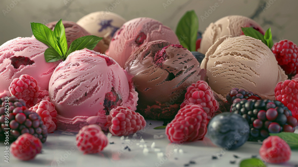A delicious display of assorted ice cream scoops surrounded by fresh berries, showcasing the vibrant colors and creamy texture, set against a marble surface. A delicious display of assorted ice cream scoops surrounded by fresh berries, showcasing the vibrant colors and creamy texture, set against a marble surface.