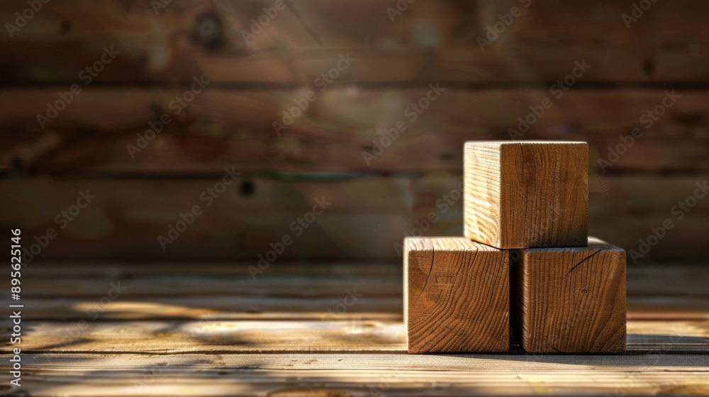 Triangular arrangement of three wooden blocks on a rustic surface, bathed in natural light, emphasizing simplicity and natural beauty. Triangular arrangement of three wooden blocks on a rustic surface, bathed in natural light, emphasizing simplicity and natural beauty.