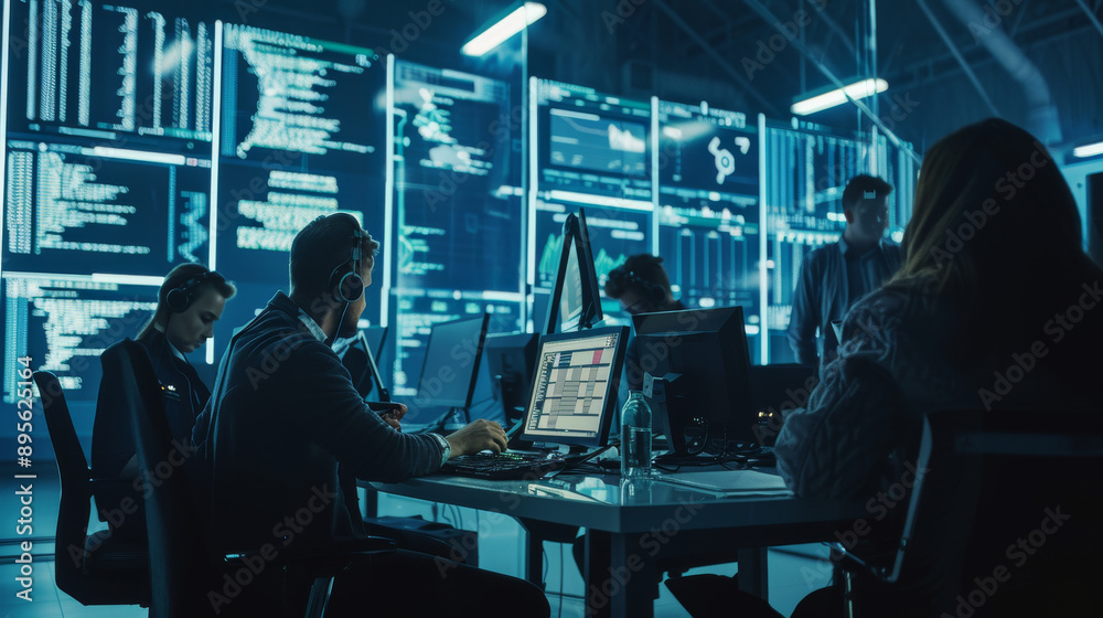 A bustling, high-tech control room with several monitors, large screens displaying data, and IT professionals working at their stations. A bustling, high-tech control room with several monitors, large screens displaying data, and IT professionals working at their stations.