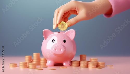 A hand depositing a coin into a pink piggy bank surrounded by stacks of coins, symbolizing saving and financial growth. photo