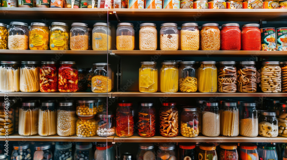 Shelves filled with glass jars containing various dried foods like pasta, beans, and spices, organized neatly in a pantry. Shelves filled with glass jars containing various dried foods like pasta, beans, and spices, organized neatly in a pantry.