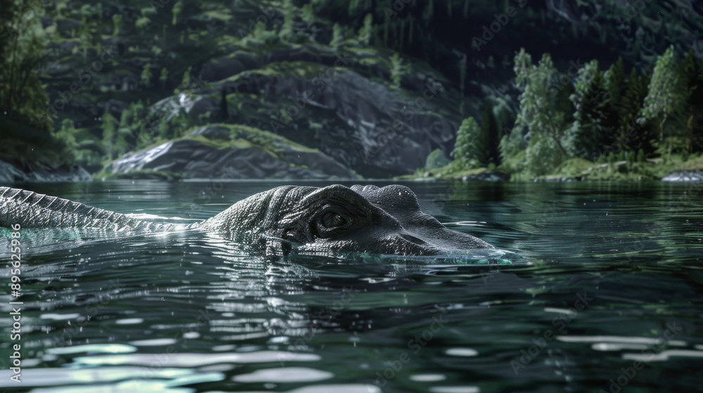 Fototapeta premium The head of a prehistoric sea creature surfaces in a serene, mountain-framed lake, creating a stunning juxtaposition of ancient life within a modern landscape.