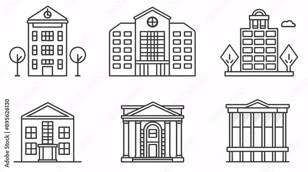A collection of line art symbols for buildings, including homes, offices, banks, schools, hotels, stores, universities, urban properties, and medical facilities. A collection of line art symbols for buildings, including homes, offices, banks, schools, hotels, stores, universities, urban properties, and medical facilities.