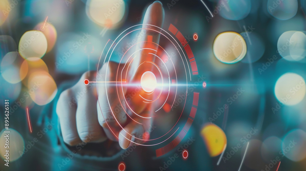 A futuristic and dynamic scene featuring a hand pressing into a digital interface with concentric circles and bokeh lights creating a sense of technology and interaction.