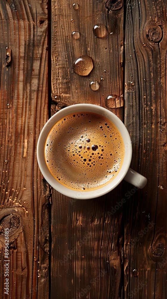 Coffee cup with a water droplet on wooden backdrop showcasing copy space image Coffee cup with a water droplet on wooden backdrop showcasing copy space image
