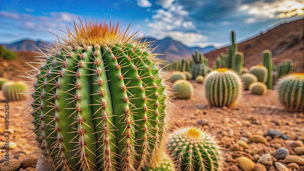 A close-up shot of a prickly cactus plant in a desert landscape, succulent, green, spiky, arid, dry, prickly, desert, succulent