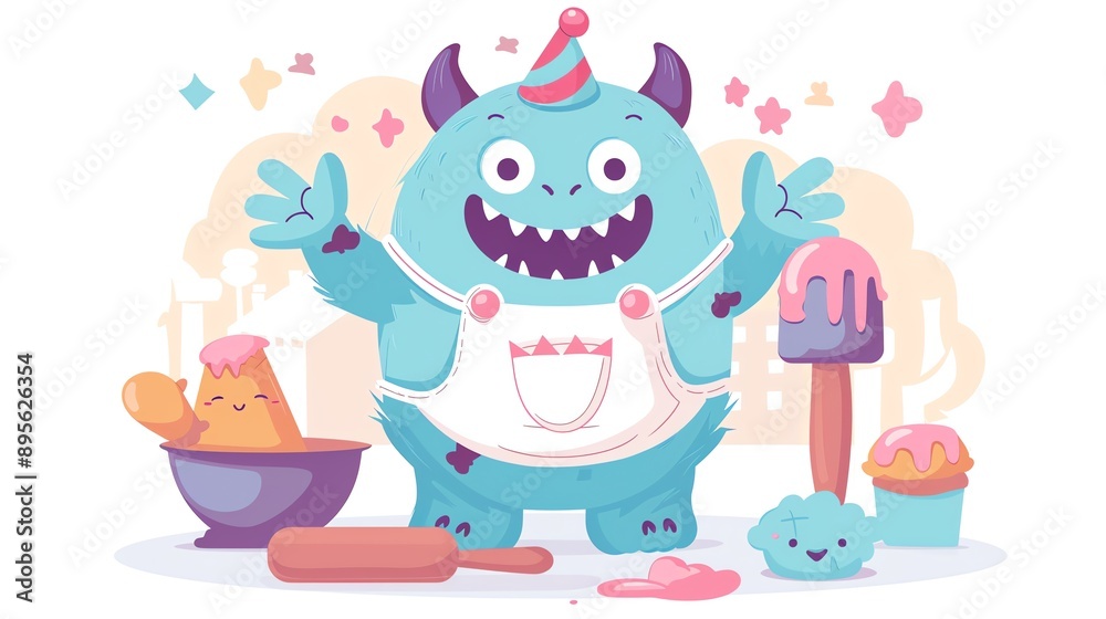 Create a clipart of a Monster Baker Apron and rolling pinin a kawaii style, simplified to feature fewer elements for a cleaner look, Use a color palette that is appealing to children, with brig Create a clipart of a Monster Baker Apron and rolling pinin a kawaii style, simplified to feature fewer elements for a cleaner look, Use a color palette that is appealing to children, with brig