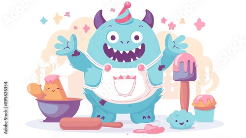 Create a vector clipart of a Monster Baker Apron and rolling pinin a kawaii style, simplified to feature fewer elements for a cleaner look, Use a color palette that is appealing to children, with brig photo