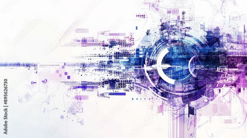 Obraz premium Double exposure of data and chart, business modern technology, mechanical designs, blue violet, white background, cutout