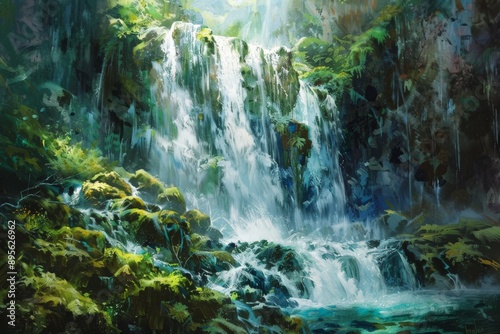 Lush Waterfall in a Green Forest.