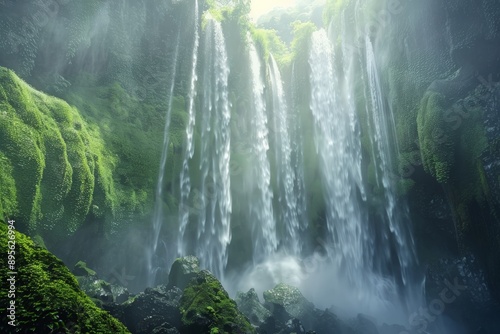 Majestic Waterfall in Lush Rainforest.