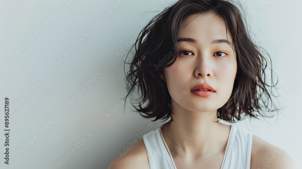 beautiful natural japanese woman, 30 years old, white tank top, white background beautiful natural japanese woman, 30 years old, white tank top, white background