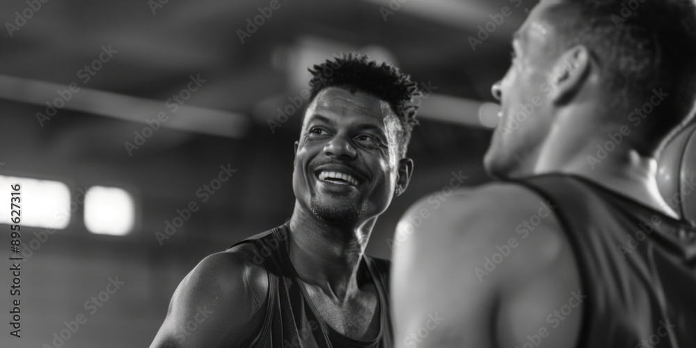 Two basketball players on court smiling and engaging in friendly competition. Two basketball players on court smiling and engaging in friendly competition.