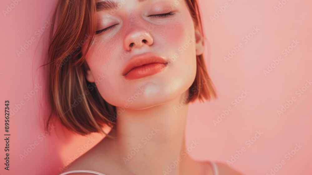 Under the soft glow of warm lighting, a young woman poses with closed eyes against a pink background, highlighting her natural beauty and tranquility. Under the soft glow of warm lighting, a young woman poses with closed eyes against a pink background, highlighting her natural beauty and tranquility.