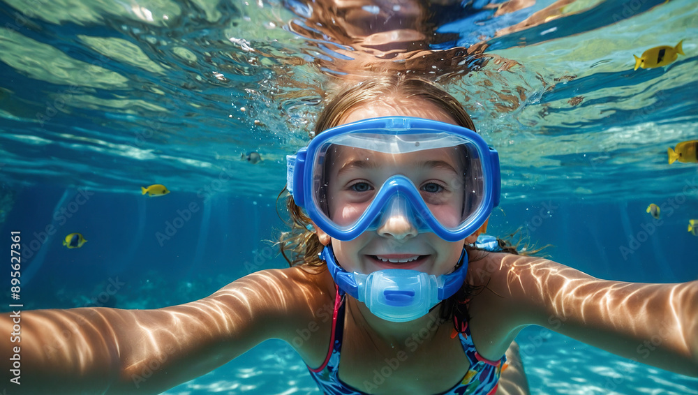 Naklejka premium Underwater view of a happy, beautiful child wearing a snorkeling mask.