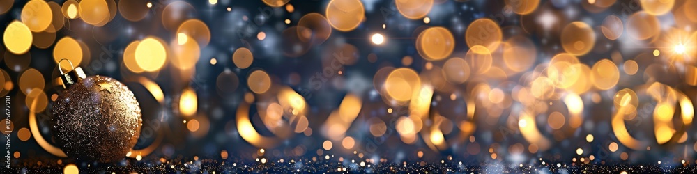 Fototapeta premium Festive New Year Background with Copy Space for Text: Elegant Holiday Celebration Design. Sparkling Decorations, Glittering Lights, and Seasonal Elements Create a Joyful Atmosphere for Greeting Cards 