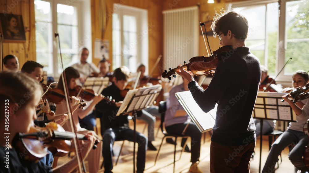 Fototapeta premium A group of violinists rehearsing in a wooden studio filled with natural light, epitomizing dedication and harmony in their musical ensemble.