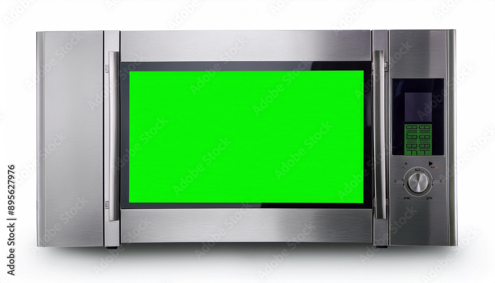 A smart refrigerator with a digital display showing a green screen, isolated on a white background, perfect for app or interface mockups. A smart refrigerator with a digital display showing a green screen, isolated on a white background, perfect for app or interface mockups.