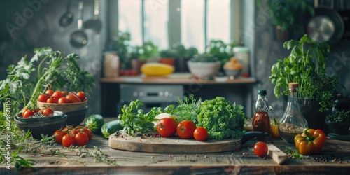 A variety of fresh organic vegetables including tomatoes, herbs and leafy greens displayed on a rustic farm table.