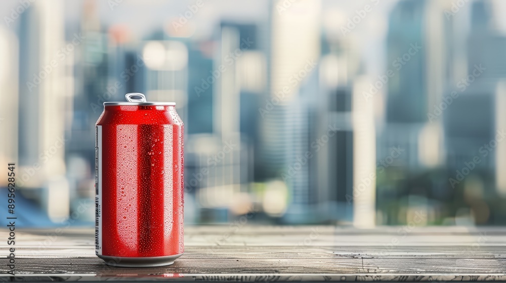 Red Soda Can on a Wooden Table with City Skyline Background