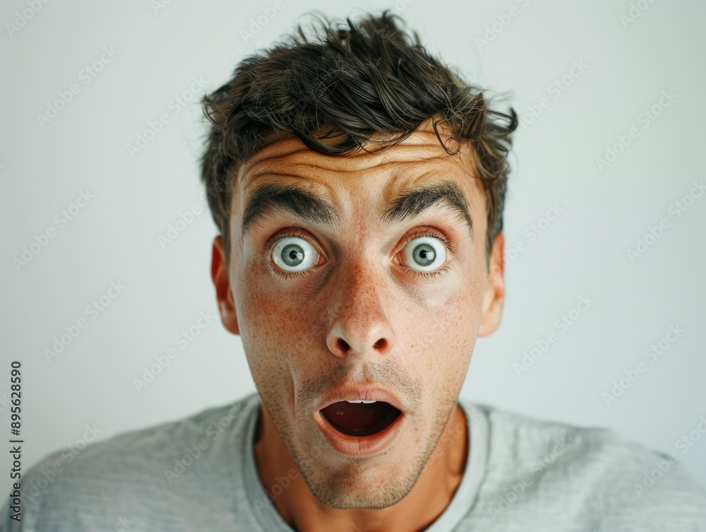 Man with brown hair looking shocked, with mouth open and eyes wide. Man with brown hair looking shocked, with mouth open and eyes wide.