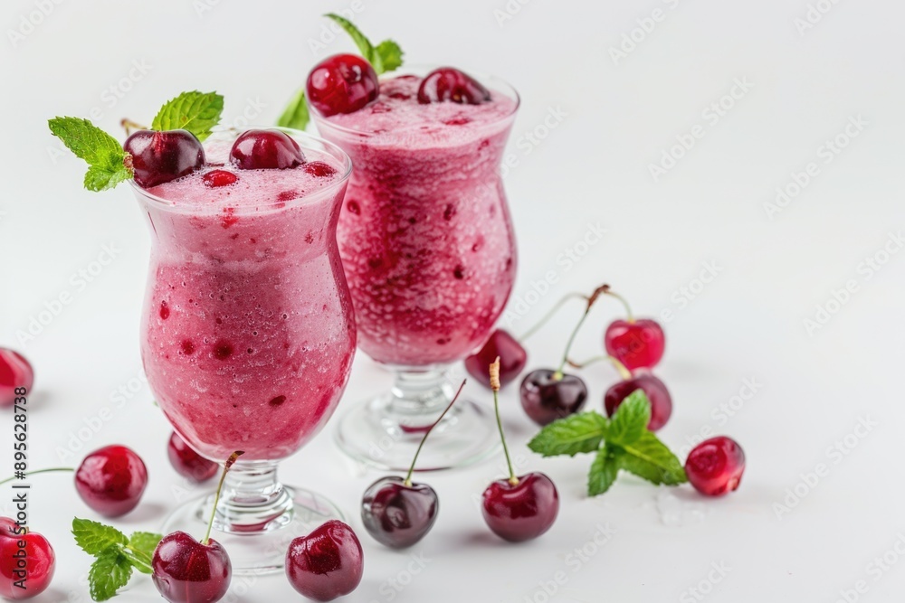 Two glasses of a refreshing cherry fruit smoothie with bubbles, topped with fresh red cherries and mint leaves, perfect for summer. Two glasses of a refreshing cherry fruit smoothie with bubbles, topped with fresh red cherries and mint leaves, perfect for summer.