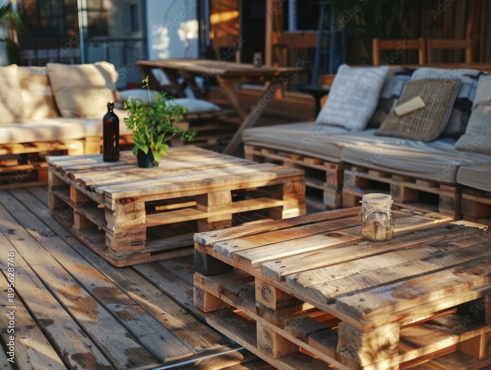 Rustic outdoor furniture made from upcycled pallet wood. Eco-friendly seating for a relaxed summer vibe. Rustic outdoor furniture made from upcycled pallet wood. Eco-friendly seating for a relaxed summer vibe.