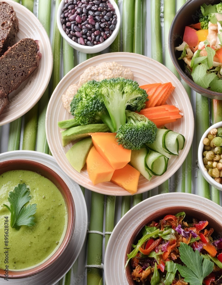 A variety of healthy and colorful dishes are arranged on a bamboo mat A variety of healthy and colorful dishes are arranged on a bamboo mat