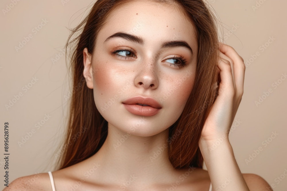 A young woman with freckles, wearing light makeup, looking off to the side.
