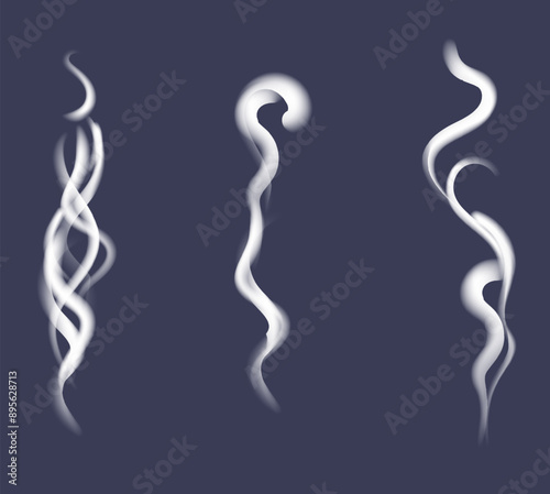 Set Smoke. Vector isolated realistic incense or cigarette smoke waves on orange background. Decoration element for hot food, fire and frankincense.