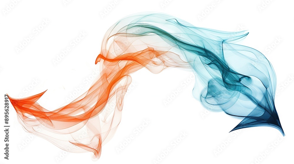 A white smoke swirls in the air on a white background with a blue sky in the background A white smoke swirls in the air on a white background with a blue sky in the background
