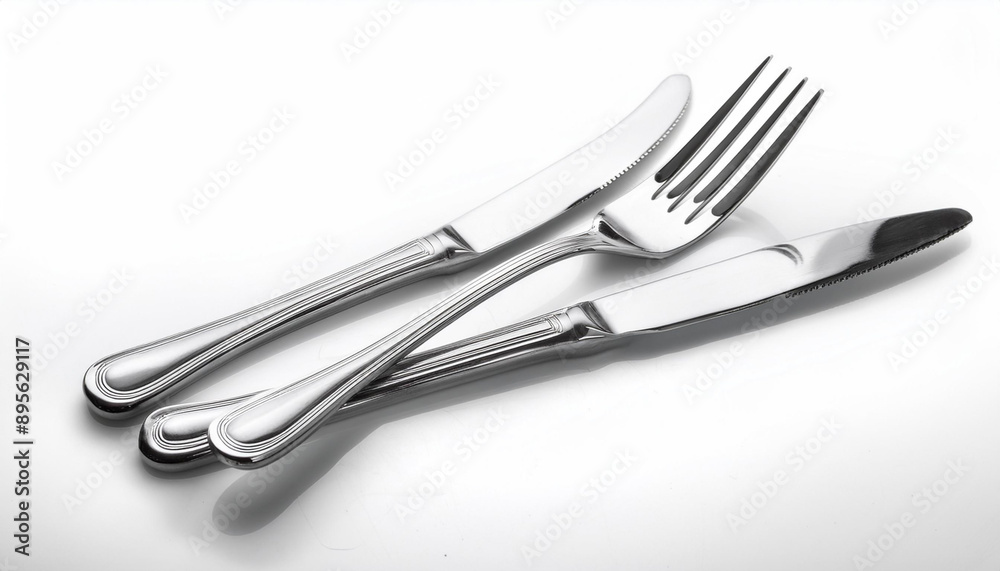 A stainless steel fork and knife set, isolated on a white background, showcasing their clean and elegant design. A stainless steel fork and knife set, isolated on a white background, showcasing their clean and elegant design.
