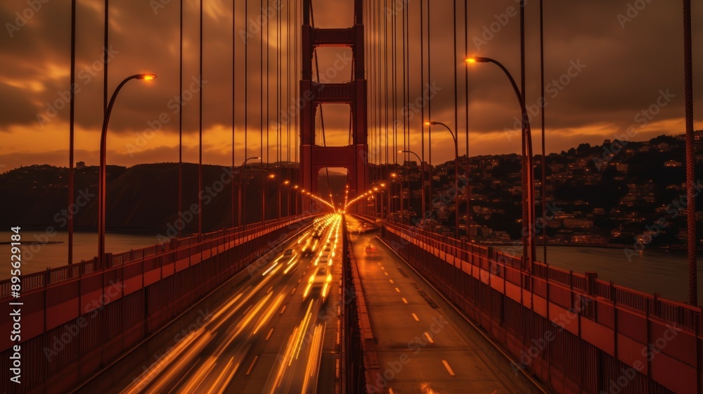 Obraz premium Golden Gate Bridge at Sunset with Traffic