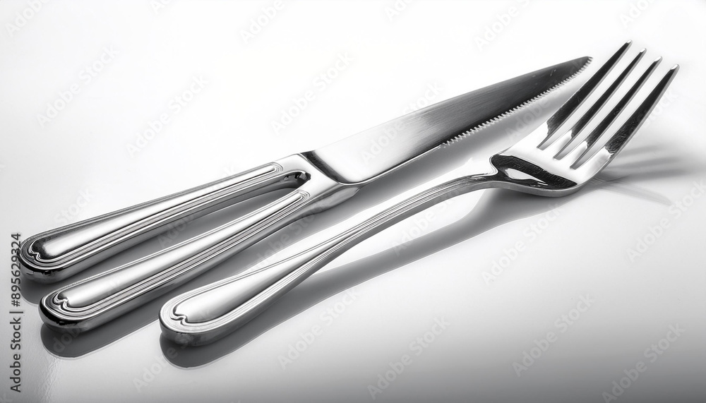 A stainless steel fork and knife set, isolated on a white background, showcasing their clean and elegant design. A stainless steel fork and knife set, isolated on a white background, showcasing their clean and elegant design.