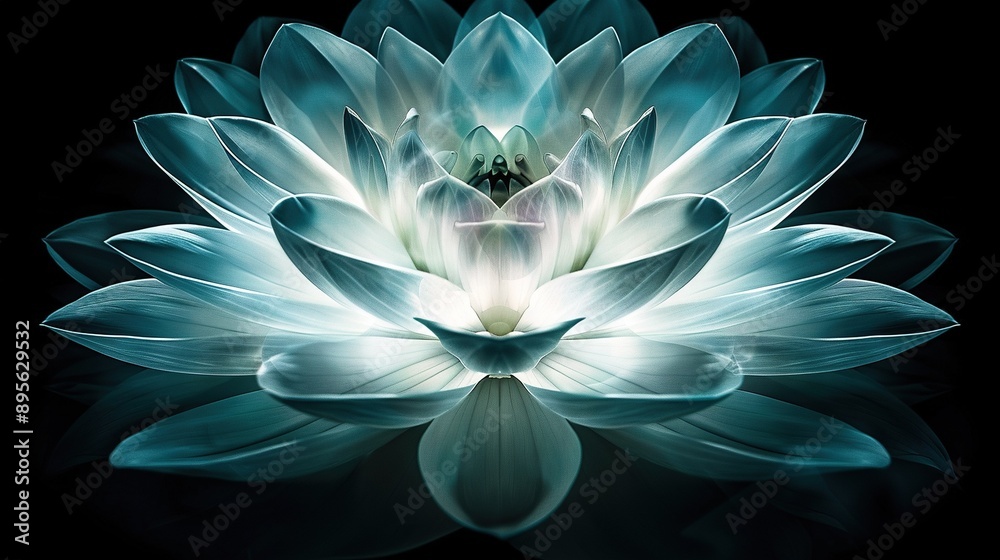 Large white flower on black surface against black backdrop with petal reflection Large white flower on black surface against black backdrop with petal reflection