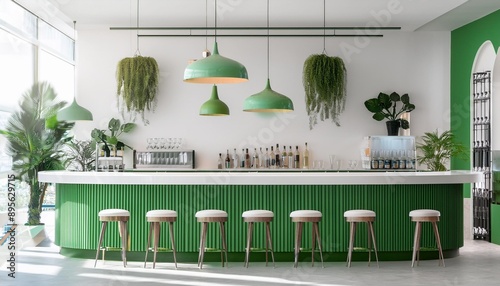 White and green cafe interior with bar counter, Ai Generative