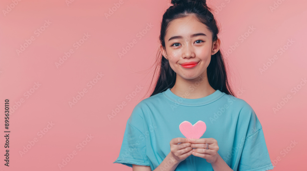 A cheerful girl holding a pink paper heart, dressed in a turquoise shirt, against a solid pink background, radiating warmth and affection. A cheerful girl holding a pink paper heart, dressed in a turquoise shirt, against a solid pink background, radiating warmth and affection.