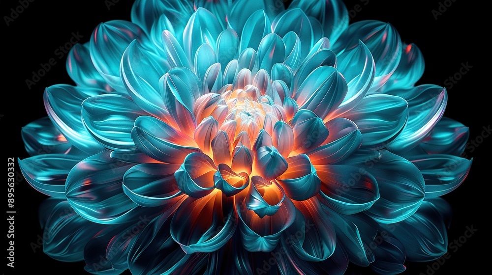 A blue flower against a black backdrop, featuring a vibrant red core in its center A blue flower against a black backdrop, featuring a vibrant red core in its center