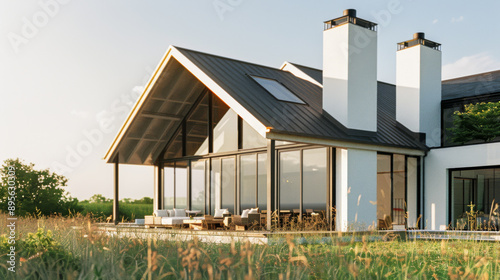 Wallpaper Mural A modern house with large glass windows and twin chimney stacks, blending seamlessly into a sunlit grassy landscape. Torontodigital.ca