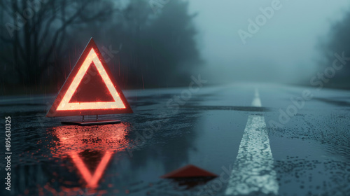 A close-up of a reflective hazard triangle on a foggy, deserted road, emphasizing safety measures in low-visibility conditions.