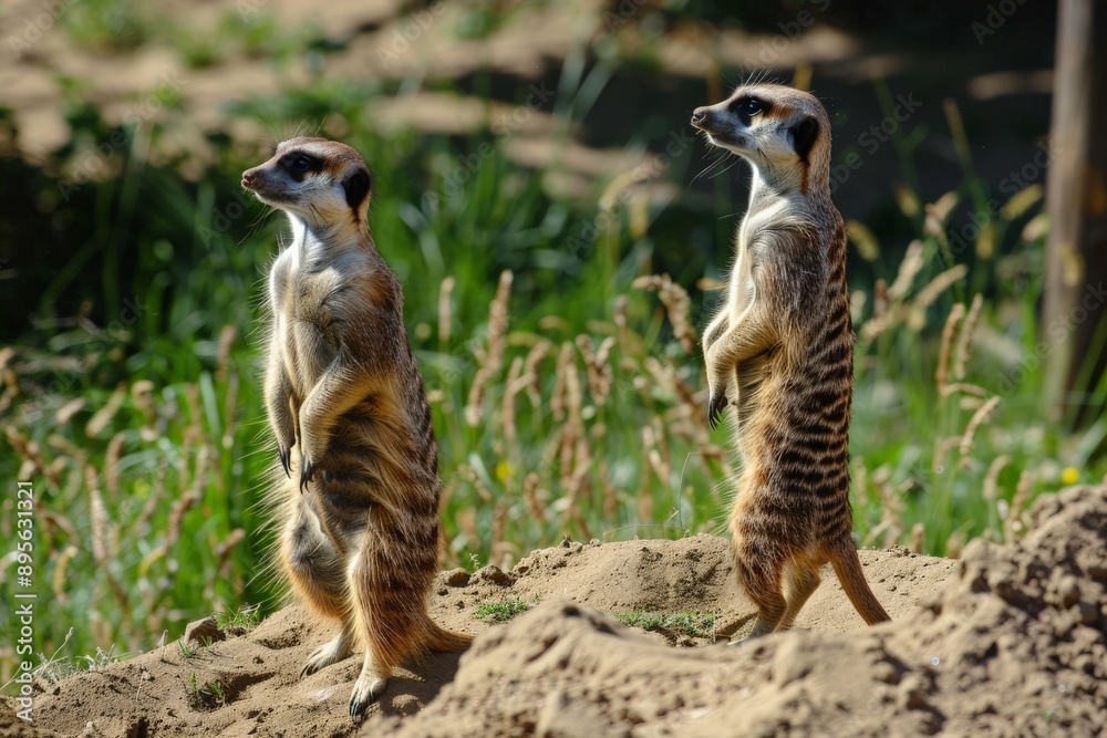 Two meerkats standing on a sand dune. Two meerkats standing on a sand dune.