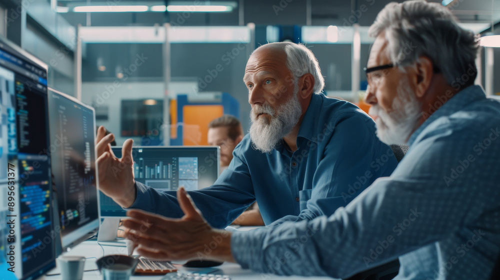 Obraz premium Two elderly professionals intensely discuss computer screen data in a modern office, their expressions embodying collaboration and focus.