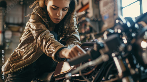 A woman with a confident expression, checking the oil levels on a motorcycle.