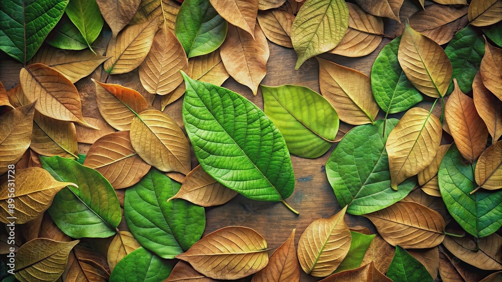 Fototapeta premium Abstract green fresh leaves contrasting with brown dry leaf lines, capturing nature's diversity, nature, green, leaves, fresh