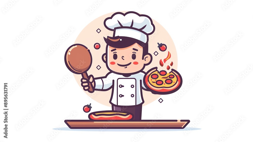 Create a clipart of a Chef holding a platter with a gourmet dishin a kawaii style, simplified to feature fewer elements for a cleaner look, Use a color palette that is appealing to children, wi Create a clipart of a Chef holding a platter with a gourmet dishin a kawaii style, simplified to feature fewer elements for a cleaner look, Use a color palette that is appealing to children, wi