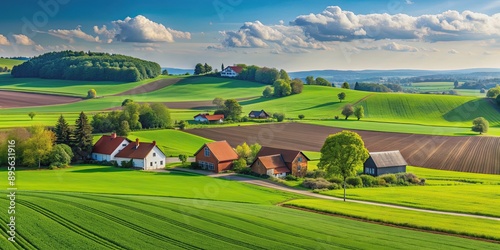 Agricultural landscape in Germany with green fields and farmhouses, Germany, agriculture, farming, countryside, rural