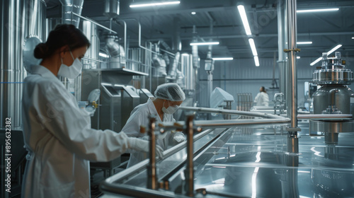 Workers in white lab coats and masks operate machinery in a sterile, high-tech laboratory filled with stainless steel equipment.