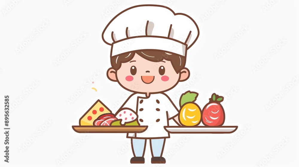 Create a clipart of a Chef holding a tray of freshly baked pastriesin a kawaii style, simplified to feature fewer elements for a cleaner look, Use a color palette that is appealing to children,