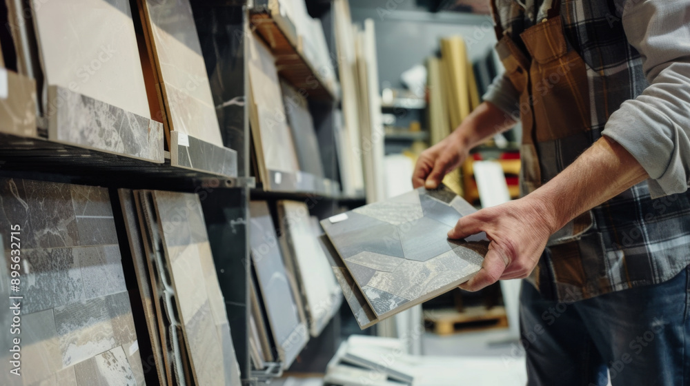 Person examining a large wall tile sample in a store, surrounded by a variety of tile options neatly displayed on shelves. Person examining a large wall tile sample in a store, surrounded by a variety of tile options neatly displayed on shelves.